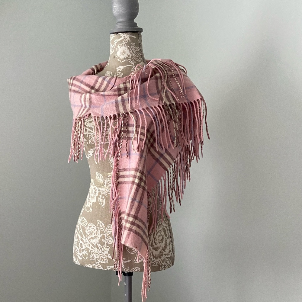 Burberry Cashmere Nova Check Happy Scarf Wrap Sides Fringe Pink Tan Blue Cream